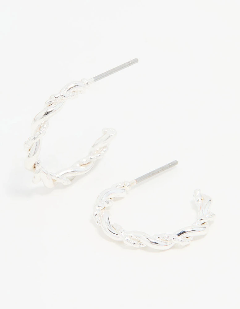 Silver Textured Twisted Hoop Earrings