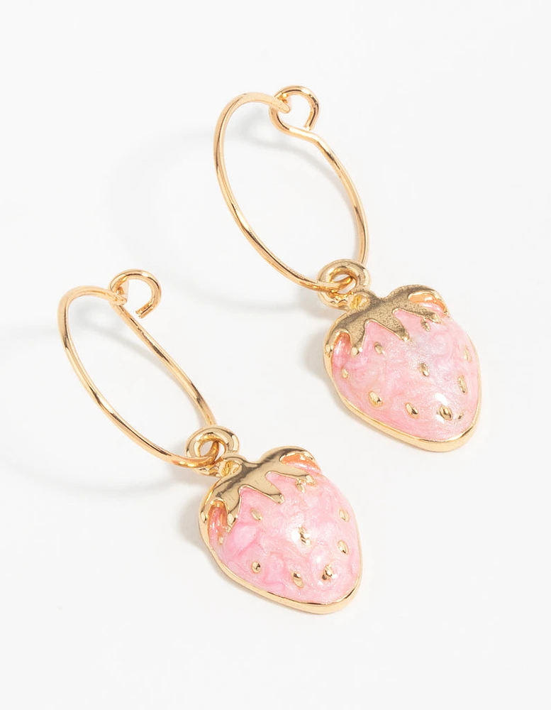 Gold Pink Strawberry Hoop Earrings
