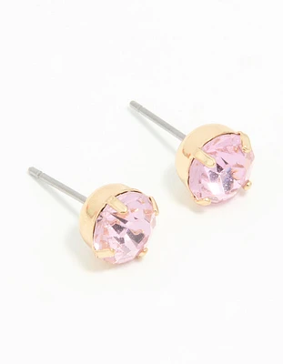 Gold Pink Diamante Stud Earrings