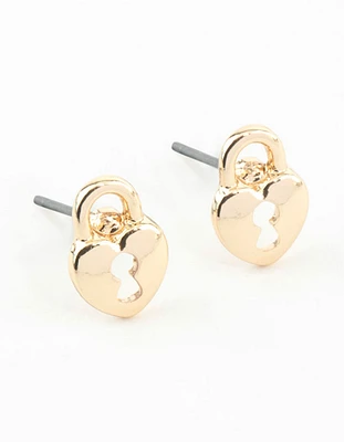 Gold Heart Lock Textured Stud Earrings