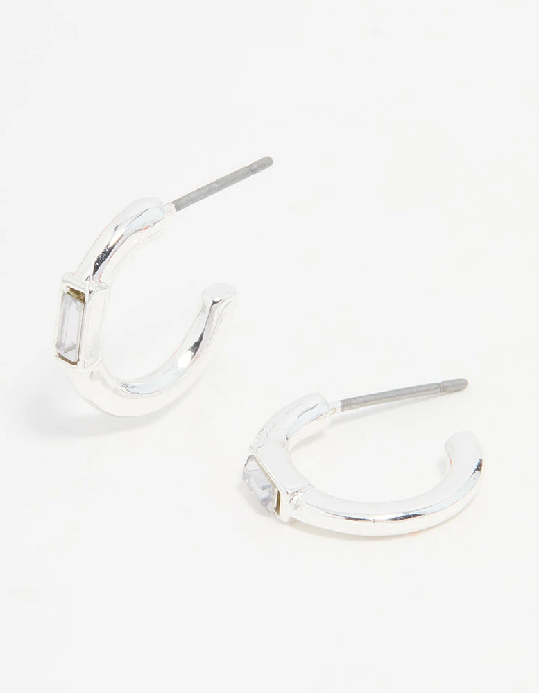 Silver Diamante Baguette Huggie Earrings