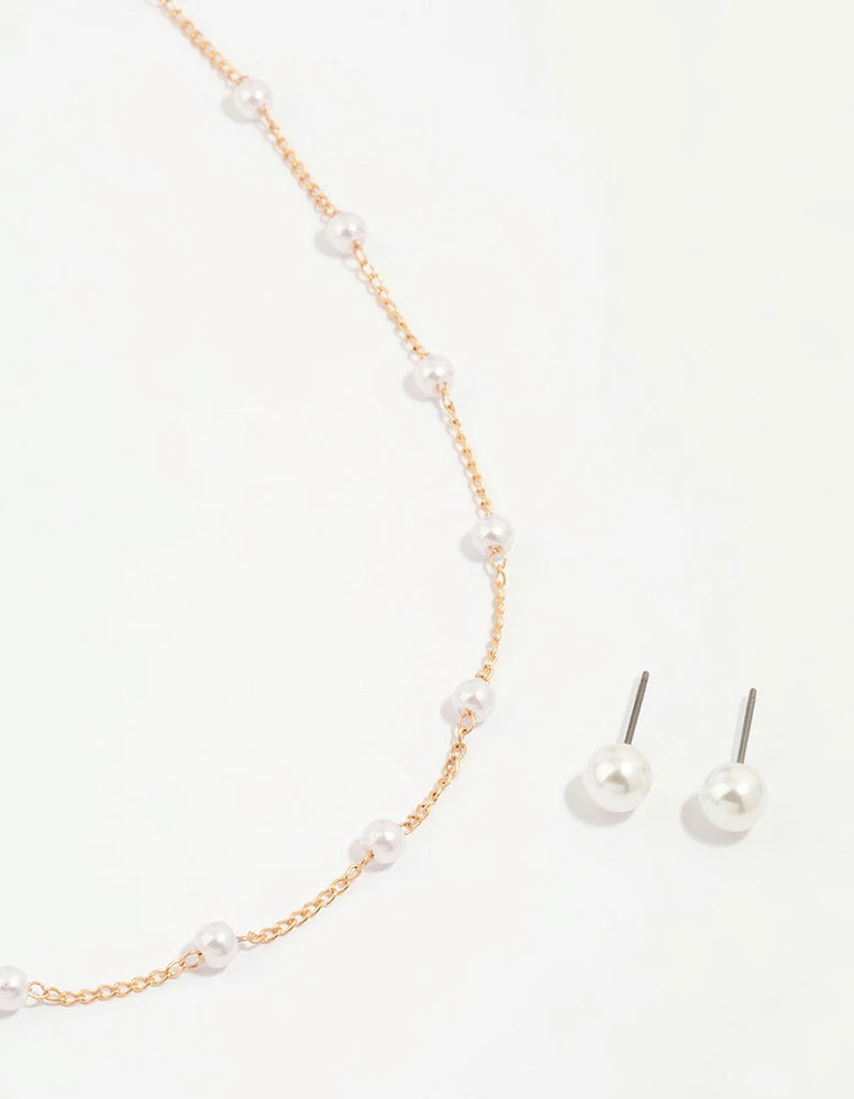 Gold Pearl Station Necklace & Earrings Set