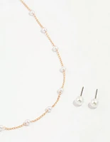 Gold Pearl Station Necklace & Earrings Set