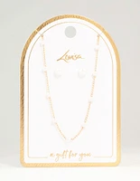 Gold Pearl Station Necklace & Earrings Set