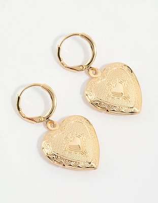 Gold Heart Locket Drop Earrings