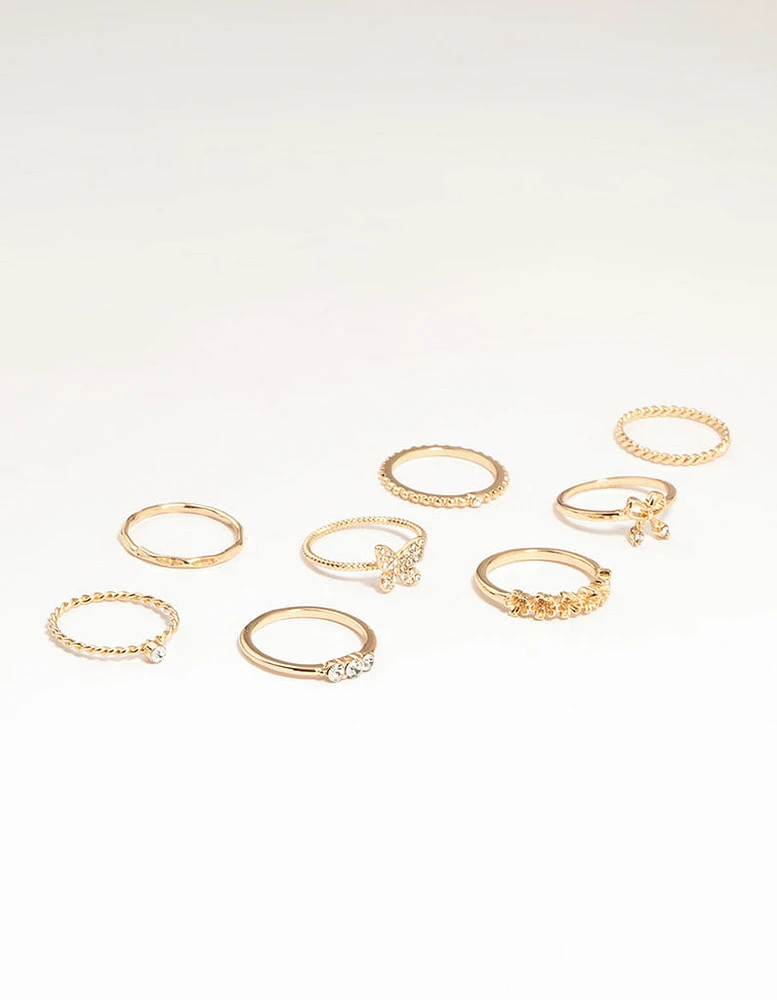 Gold Butterfly & Bow Rings 8-Pack