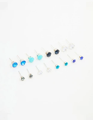 Silver Blue Diamante Stud Earrings 8-Pack
