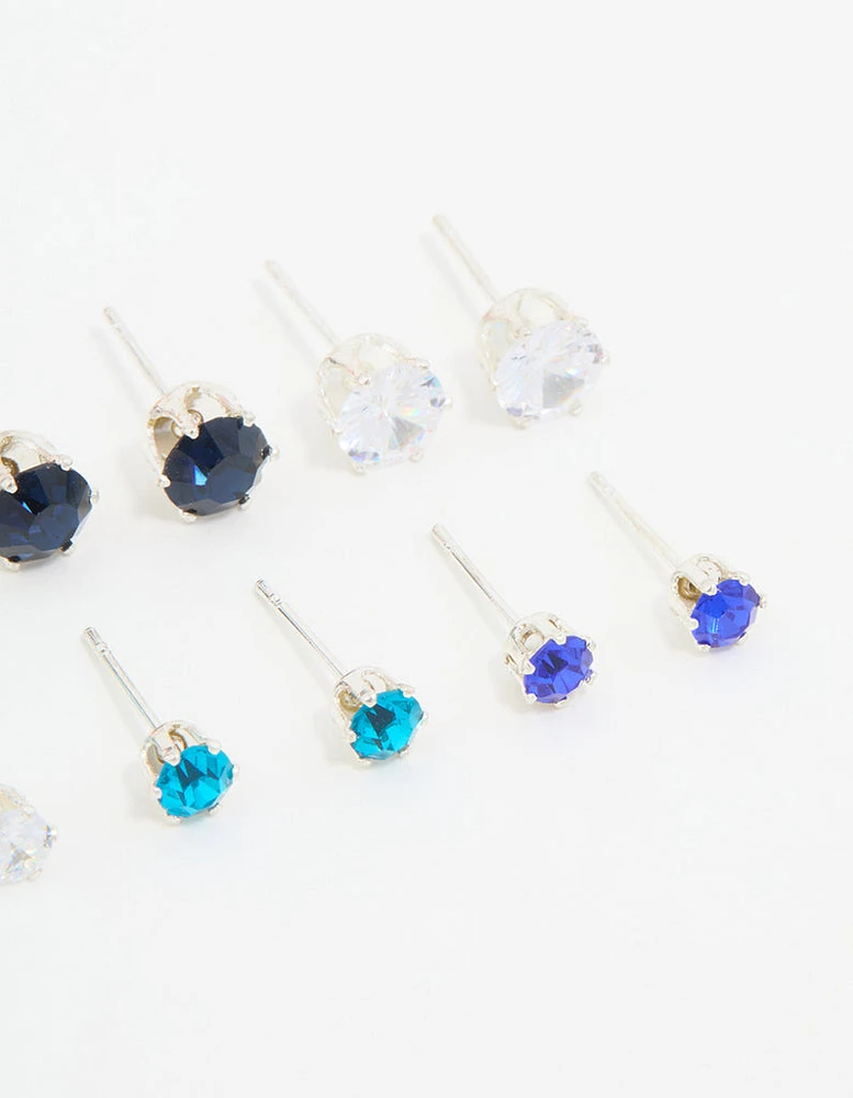 Silver Blue Diamante Stud Earrings 8-Pack