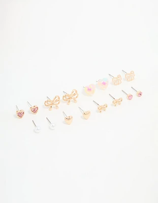 Gold Bow & Heart Stud Earrings 8-Pack