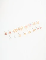 Gold Bow & Heart Stud Earrings 8-Pack
