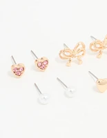 Gold Bow & Heart Stud Earrings 8-Pack