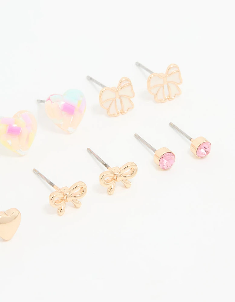 Gold Bow & Heart Stud Earrings 8-Pack