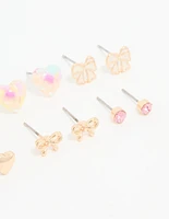 Gold Bow & Heart Stud Earrings 8-Pack