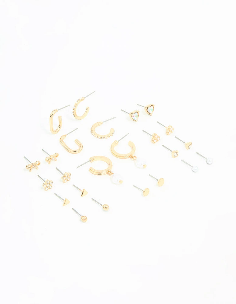 Gold Bow Flower Hoop & Stud Earrings 12-Pack