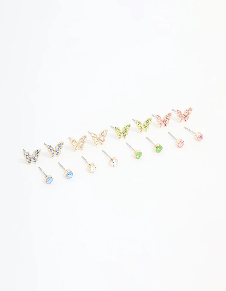 Gold Multicoloured Diamante Butterfly Stud Earrings 8-Pack