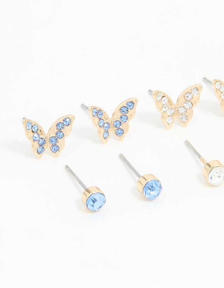 Gold Multicoloured Diamante Butterfly Stud Earrings 8-Pack