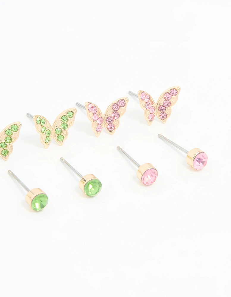 Gold Multicoloured Diamante Butterfly Stud Earrings 8-Pack