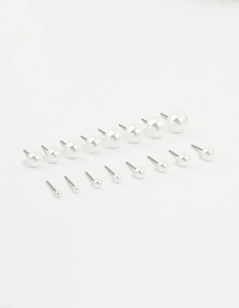 Silver Pearl Stud Earrings 8-Pack