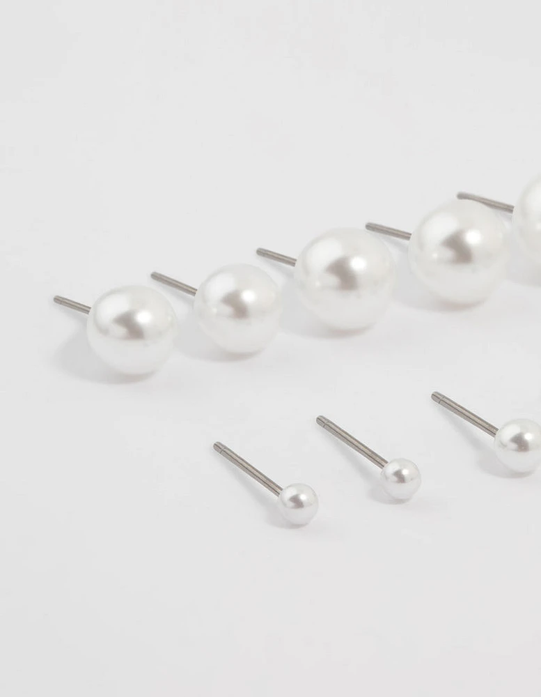 Silver Pearl Stud Earrings 8-Pack