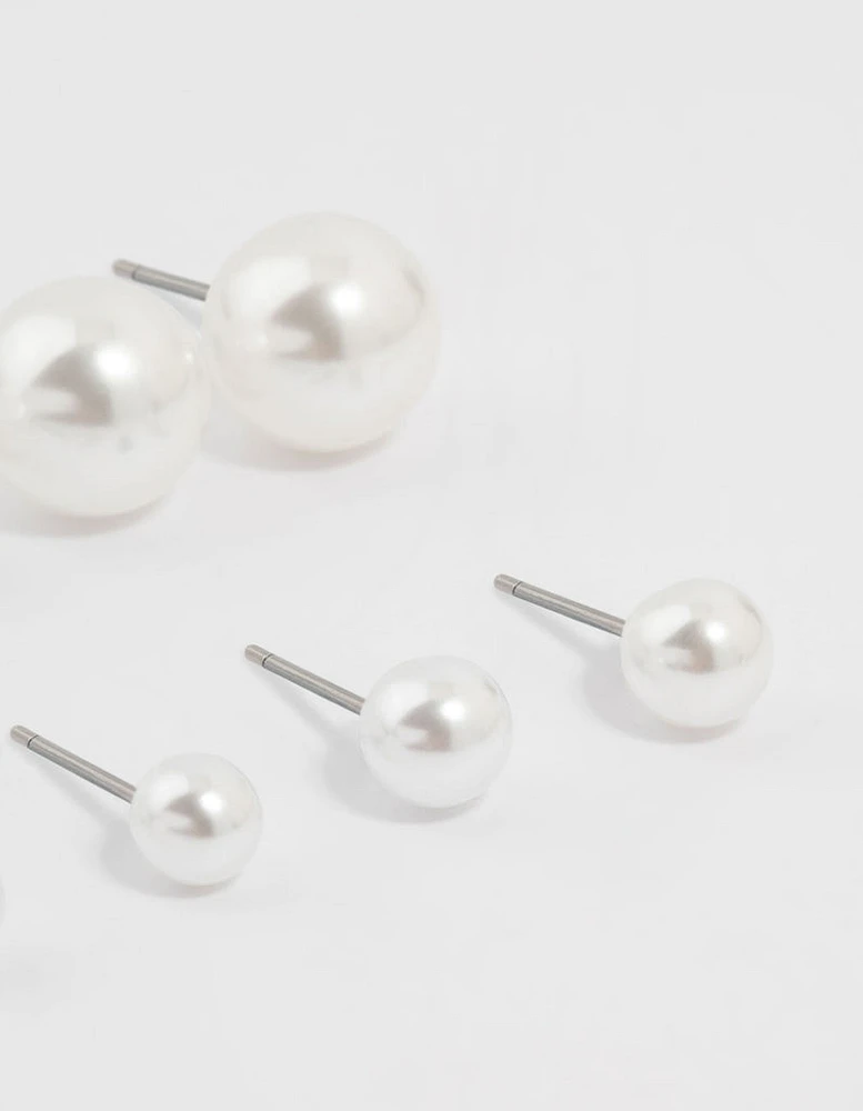 Silver Pearl Stud Earrings 8-Pack