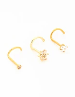 Gold Plated Titanium Threadless Flower Triangular Nose Studs 3-Pack