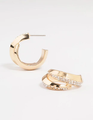 Gold Thick Diamante Double Hoop Earrings