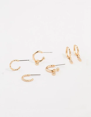 Gold Cubic Zirconia Heart & Twisted Huggie Earrings 3-Pack