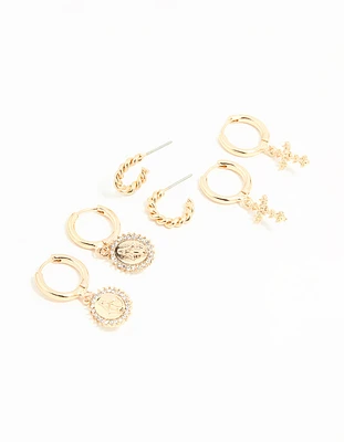 Gold Diamante Cross Huggie Earrings 3-Pack