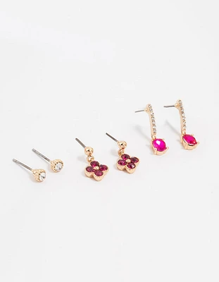 Gold Pink Diamante Clover Stud Earrings 3-Pack