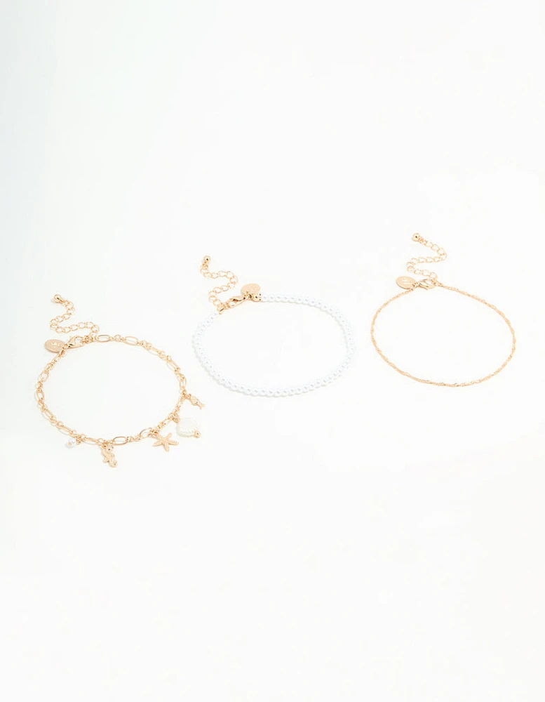 Gold Pearl Sea Anklets 3-Pack