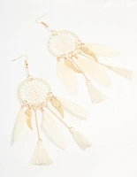 Cream & Gold Feather Dreamcatcher Drop Earrings