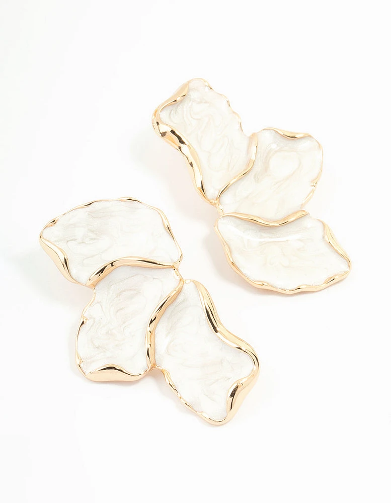 White Coated Metal Marble Floral Drop Earrings