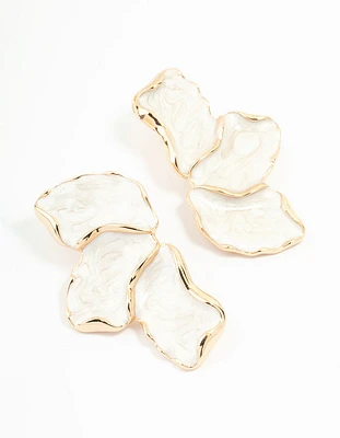 White Coated Metal Marble Floral Drop Earrings