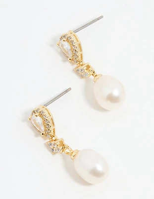 Gold Plated Pearl Pear Diamante Drop Earrings