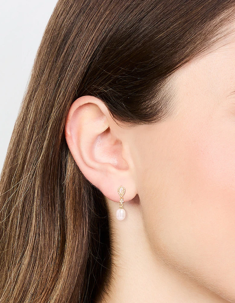 Gold Plated Pearl Pear Diamante Drop Earrings