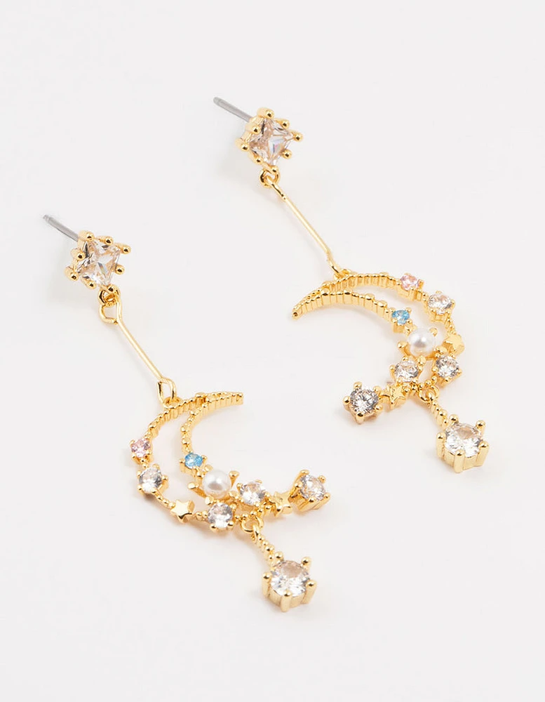 Gold Plated Cubic Zirconia Moon Drop Earrings