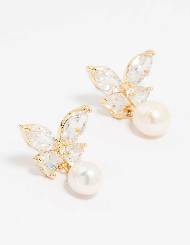 Gold Plated Cubic Zirconia Butterfly Pearl Drop Earrings