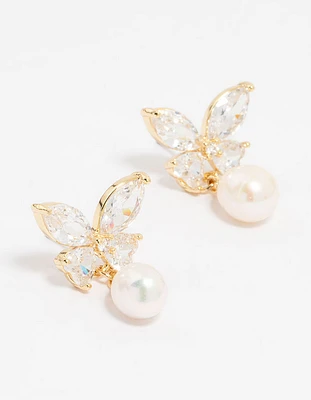 Gold Plated Cubic Zirconia Butterfly Pearl Drop Earrings