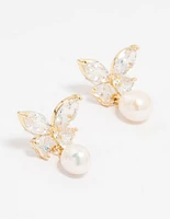 Gold Plated Cubic Zirconia Butterfly Pearl Drop Earrings