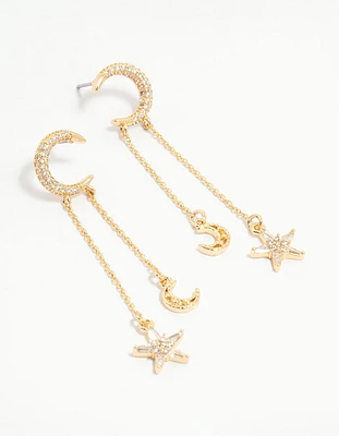 Gold Plated Moon & Star Drop Earrings