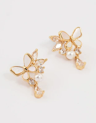 Gold Plated Pearl Butterfly Mini Drop Earrings