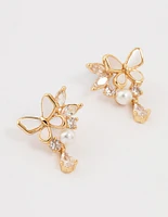 Gold Plated Pearl Butterfly Mini Drop Earrings