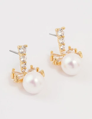 Gold Plated Cubic Zirconia & Pearl Bow Drop Earrings