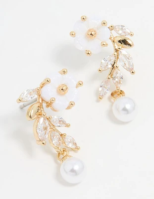 Gold Plated Pearl Flower Drop Earrings