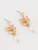 Gold Plated Cubic Zirconia Vine & Freshwater Pearl Drop Earrings