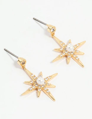 Gold Plated Diamante Pearl Star Drop Earrings