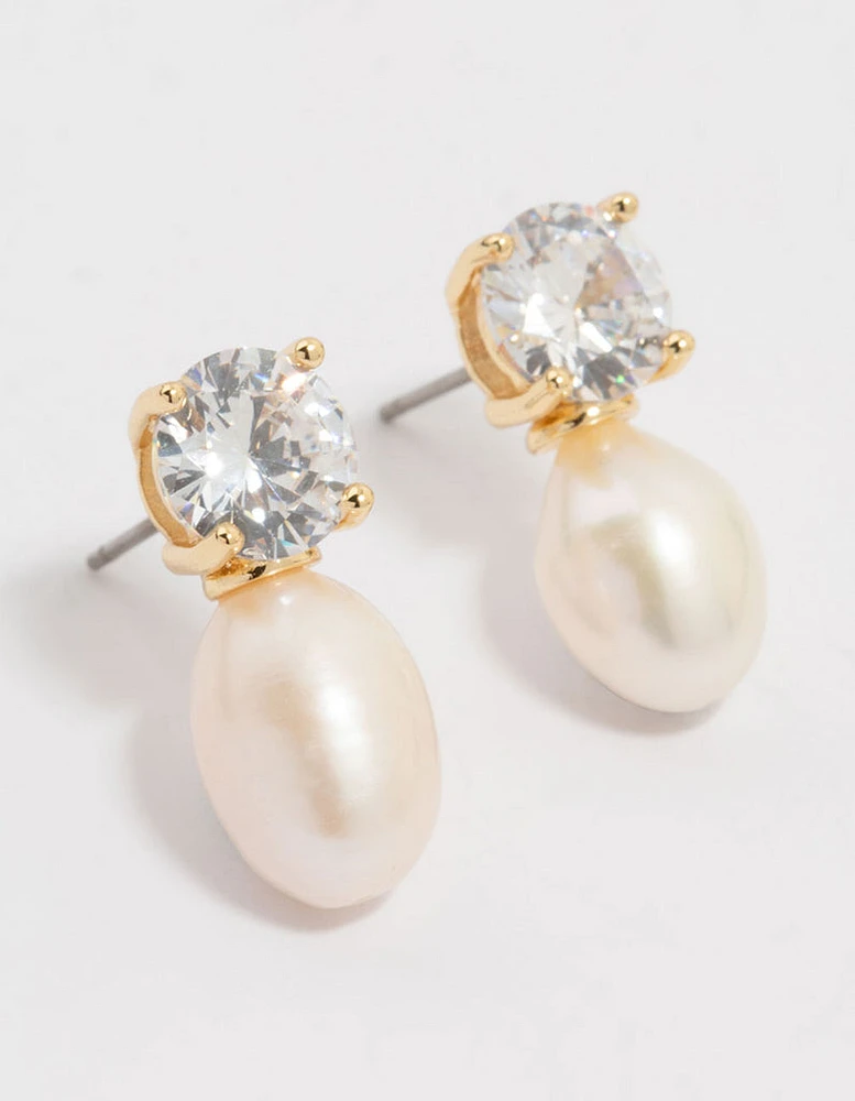 Gold Plated Diamante Freshwater Pearl Drop Earrings