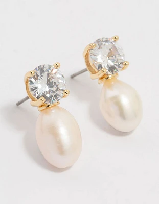 Gold Plated Diamante Freshwater Pearl Drop Earrings