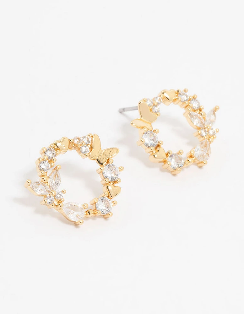 Gold Plated Cubic Zirconia Butterfly Wreath Stud Earrings