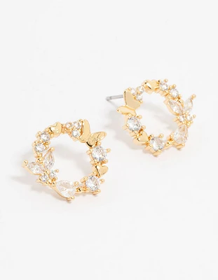 Gold Plated Cubic Zirconia Butterfly Wreath Stud Earrings